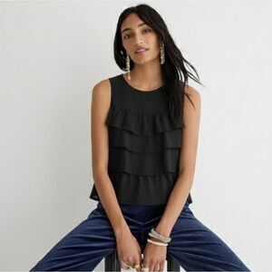 Jcrew Pure Silk Black Sleeveless Ruffle Tiered Top M